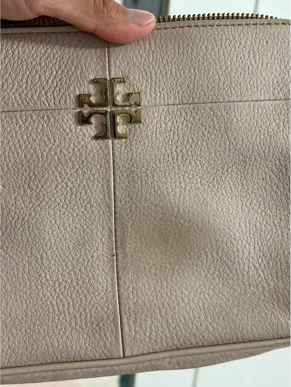 Tory Burch Beige Leather Crossbody Bag with Gold Chain Accent